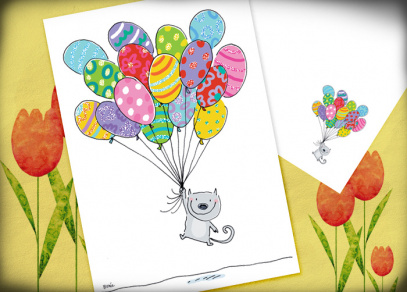 Přání pro kamarádku - Kočička s balónky popřeje s Vámi k narozeninám...