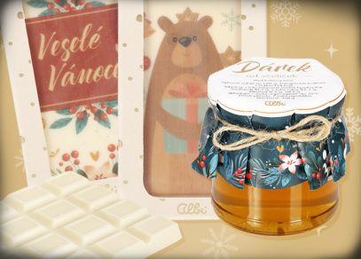Vánoční inspirace 2021 - Bílá čokoláda s vánočním potiskem a květový luční med